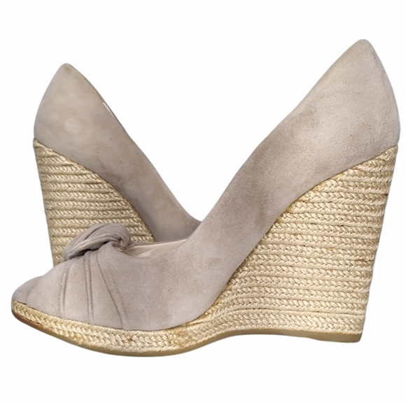 PRADA Suede Nude Espadrille Peep Square Toe Wedges Platform Sandals Shoes Size 8 - Picture 2 of 16